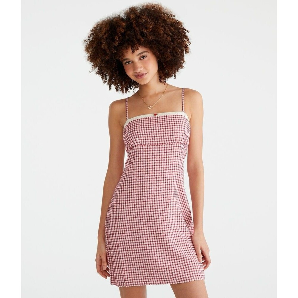 Aeropostale Red Plaid Gingham Square Neck Lace Cami Tank Linen Mini Dress Medium